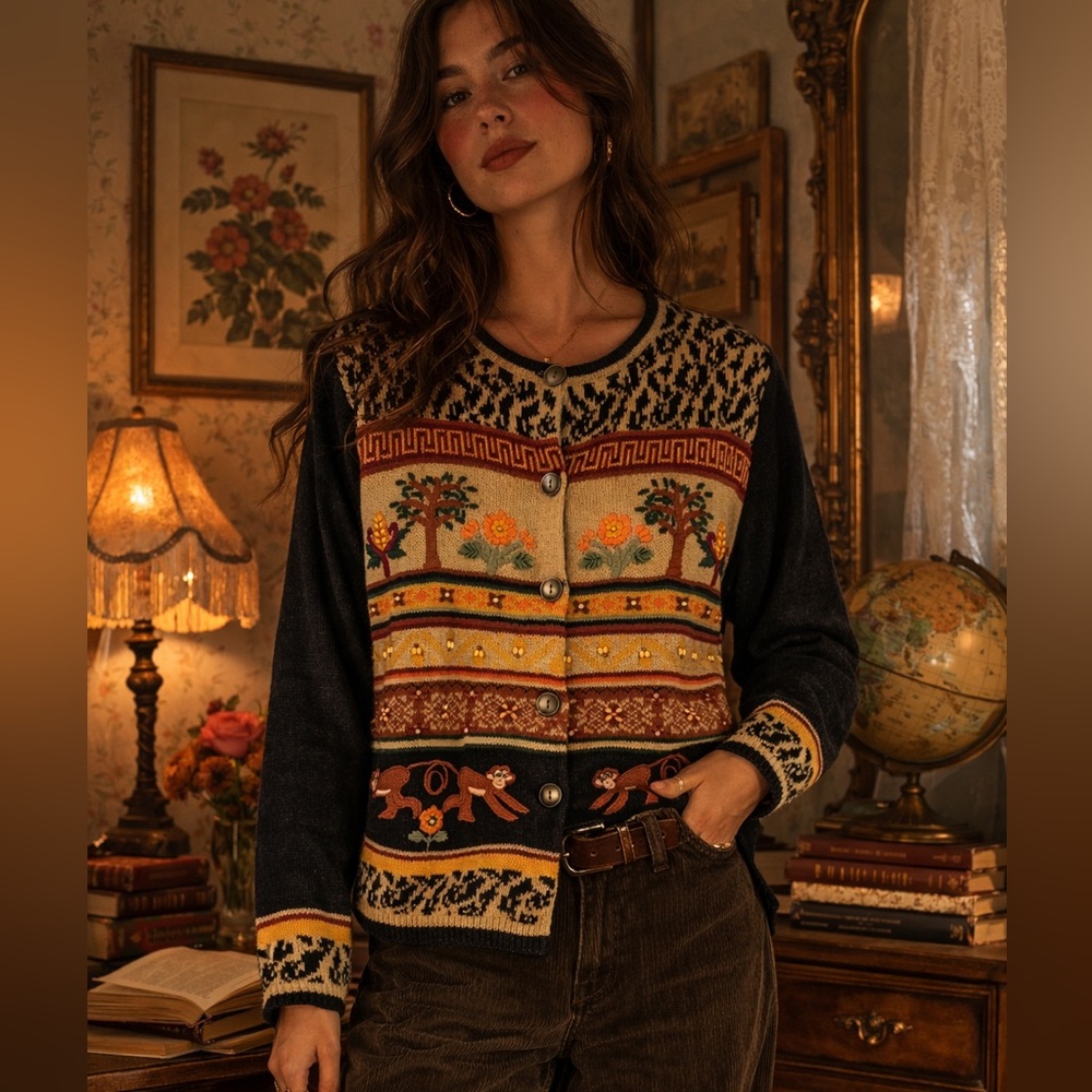 Vintage Arriviste Embroidered Beaded Monkey Novelty Print Cardigan Size M